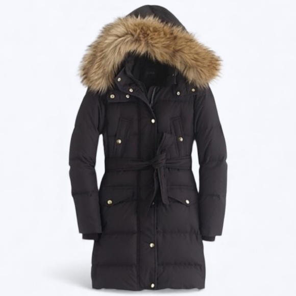 J Crew Down Filled Hooded Puffer Coat Jacket Faux Fur Trim Black SZ S - Picture 2 of 16